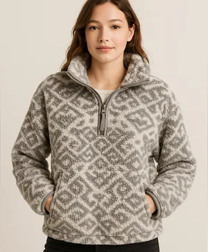 Abercrombie & Fitch Sherpa Half Zip Pullover Aztec Print Gray Hoodie M thumbnail 1