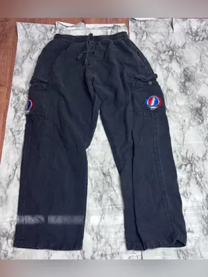 Shop Therapy Greatful Dead Black Wide Leg Cargo Pants Embroidered Badge LARGE thumbnail 7