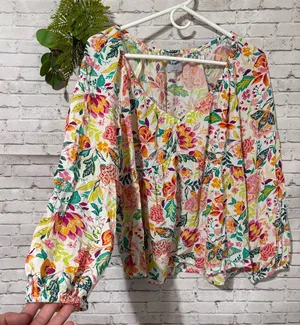 Old Navy Rainbow Floral babydoll Peasant Sleeve Blouse thumbnail 1