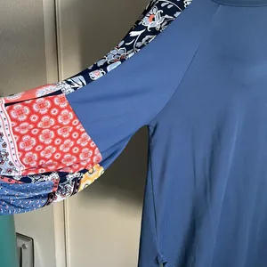 New Boho Balloon Sleeve Color Block Patchwork Jersey Knit Top Long Sleeve Blouse thumbnail 9