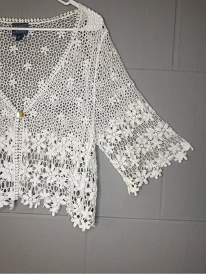 Vintage White Crochet Lace Cotton Cardigan Cover Up Women's XL Boho Cottagecore thumbnail 6