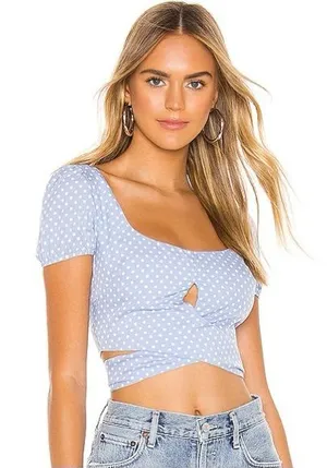 Superdown Revolve Blue‎ and White Polka Dot Crop Top Wrap Tie thumbnail 1