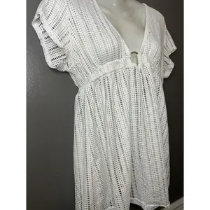 Waves To Coast Cover Up Womens Large White Crochet Mesh V Neck Beach Tunic Swim thumbnail 3