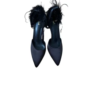 Black Satin Feather Trim Pointed Toe Stiletto Heels Women’s Size EU 38 US 7.5 thumbnail 3