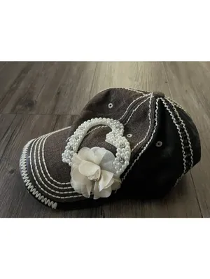 Olive & Pique Beaded Floral Heart Cap Brown Denim Y2K thumbnail 2
