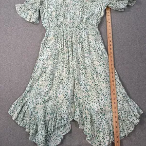Kaari Blue Handkerchief Hem Midi Dress Women's Large Elastic Waist Ruffle Green thumbnail 7