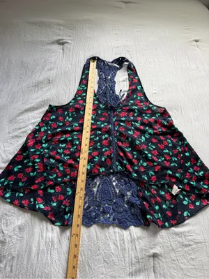 Free People Blue Izzy Lace Crochet Racerback Floral Cropped‎ Tank thumbnail 6