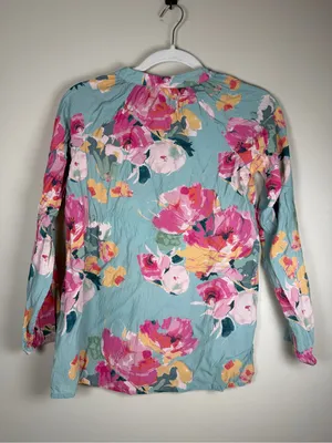Women's Floral V-Neck Blouse - Pink Floral on Light Blue Sz XS thumbnail 6