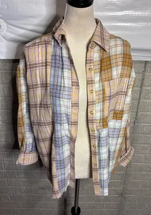 Charmed Hearts Mixed Plaid Patchwork Button Down Shirt Tan Blue Purple M thumbnail 1