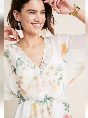 Farm Rio Small Elosia Floral Dress White Ivory Summer Sheer Boho Bridal Swing thumbnail 3