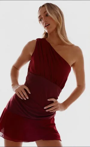 PEPPERMAYO Synergy Mini Dress Sz‎ 14 NEW Red Satin One Shoulder thumbnail 1