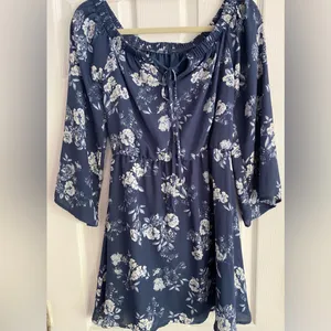 Altar'd State Navy Blue Floral Off-The-Shoulder Bishop Sleeve Mini Dress Small thumbnail 5