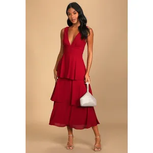 NWT Lulus Celebration Time Red Sleeveless Tiered Midi Dress Holiday Party Sz S thumbnail 2