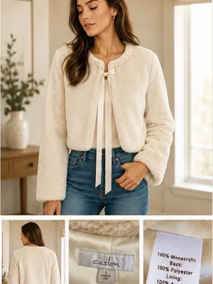 Caslon Cream Faux-Fur Tie-Neck Cropped Jacket Size L Vintage thumbnail 2
