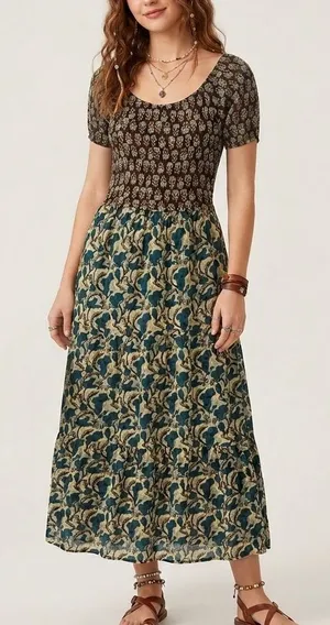 Natural Life Boho Floral Maxi Dress Size Large XL Brown Blue Fall Western thumbnail 1