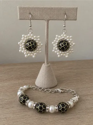 Artisan Bracelet Earrings Set Handcraft Black Gold Enamel Bead Pearl Rhinestone thumbnail 2