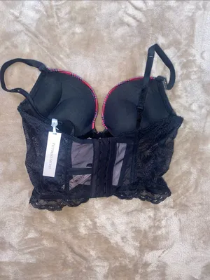 NWT Victoria's Secret Red Plaid Lace Longline Bustier Bra with Rhinestone Straps thumbnail 3