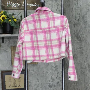 NEW Cropped Snap Front Long Sleeve Coat Jacket Pink Plaid See Measurements thumbnail 2