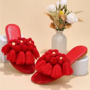 New Red Slide Sandal Tassel Pom Pom Faux Suede Slip On Bohemian Sz-8 thumbnail 2