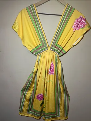 XXI Forever 21 Yellow Floral Kimono Sleeve Tunic Cover Up Dress S Boho Tropical thumbnail 1