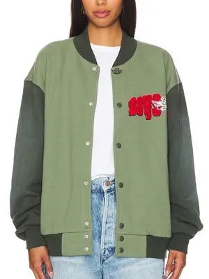 Boys Lie B Shock Olive Green Two-Tone Varsity Jacket with Red Patch thumbnail 1