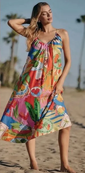 Farm Rio Summer Picnic Midi Dress Small Belted Cotton Sleeveless Tropical thumbnail 1