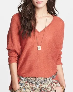 FREE PEOPLE Sadie V Neck Sweater Pullover Wool Alpaca Ruching Sunset Red Small thumbnail 1