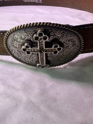 Nocona Brown Leather Belt with Ornate Cross Oval Buckle thumbnail 3