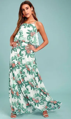 Lulu’s Evadne White and Teal Tropical Print Two-Piece Maxi Dress NWT Size XS thumbnail 1