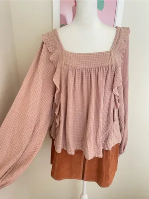 Free People Bonnie Blouse Dusty Pink Textured Ruffle Boho Top Size Small thumbnail 6