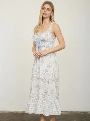 NEW Blu Pepper Blue Multi Floral Front Tie Midi Dress Large Sundress thumbnail 4