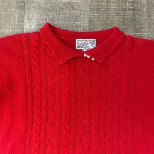 80s Vintage Red Angora Silk Sweater M Cable Knit Pearl Buttons Retro Twee Preppy thumbnail 7