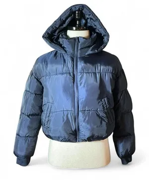 CISONO‎ Navy Blue Puffer Jacket Hooded Cropped Zip Up Women's Size S thumbnail 1