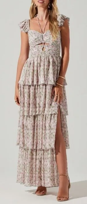 ASTR The Label Emmeline Pink Green Cutout Ruffle Floral Tiered Maxi Dress Sz XS thumbnail 1