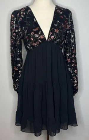She + Sky - Mesh Long Sleeve Black Dress with Sequin Floral Details thumbnail 1