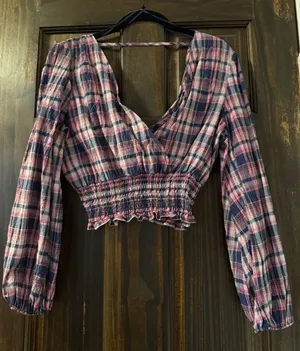 Zara Plaid Smocked-Waist Long Sleeve Top - Pink & Blue thumbnail 1