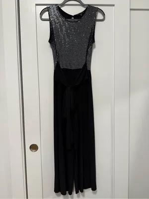 Black Sequin Bodice Evening Capri Jumpsuit with Waist Tie thumbnail 2