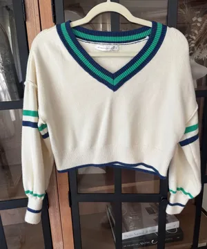 Altar’d state varsity cropped sweater vneck kelly green striped navy knit ribbed thumbnail 1