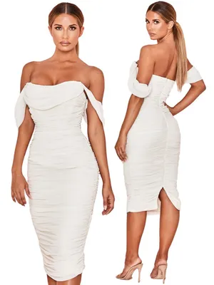 House of CB Carlotta Ruched Draped Chiffon Dress Womens XS Ivory Formal Cocktail thumbnail 3