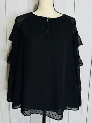 LOFT Black Ruffle Blouse Sz M Semi Sheer Long Sleeve Textured Polka Dots thumbnail 1