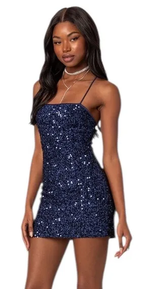 NEW Edikted Kiara Strappy Sequin Mini Dress Party Navy Blue Purple formal thumbnail 1