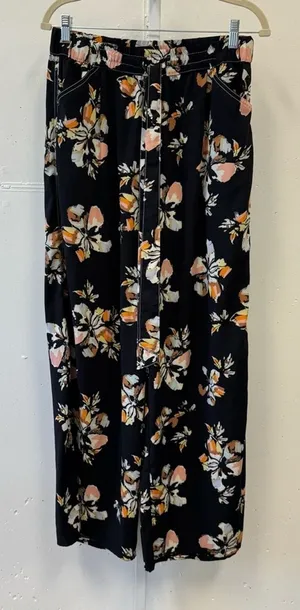 Who What Wear Floral Wide Leg Pants‎ Black Pink Orange Sz M Elastic Waist Belted thumbnail 1