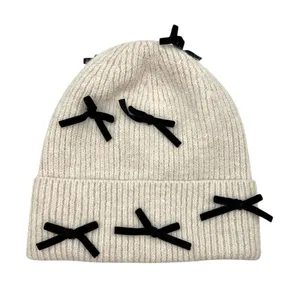 Anthropologie Rib Knit Ivory Beanie Hat New Bow Embellishments thumbnail 1