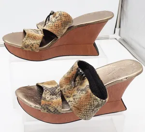 Modzori Wedge Sandals Womens 8 Platform Snakeskin Gold Reversible Fair thumbnail 1
