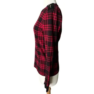 Lauren Ralph Lauren Plaid Top Red Black Shoulder Zip Elbow Patch Size L thumbnail 4
