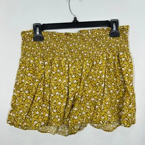 Aerie Smocked Waist Floral Flowy Shorts Women's Size L Mustard Yellow White Boho thumbnail 3