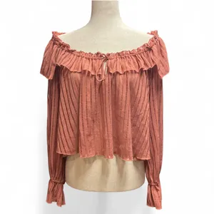 By Anthropologie Long-Sleeve Sheer‎ Striped Crop Blouse Rose Pink Off Shoulder thumbnail 2