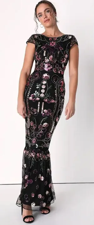 Lulus Era of Opulence Burgundy Sequin Cap Sleeve‎ Maxi Dress large thumbnail 1