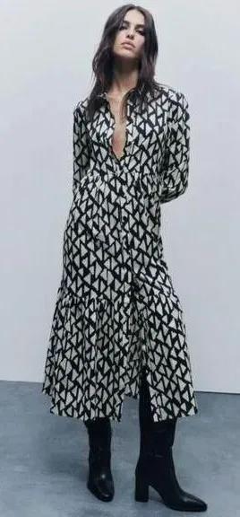 Zara New Long Print Collar Dress Black thumbnail 1