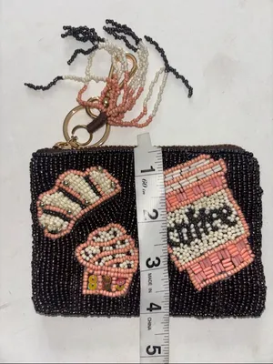 Source Unknown BROWN AND PINK BEADED MINI BAG OR COIN PURSE 5” X 4” HAS BEADED TASSEL ZIP PULL thumbnail 8
